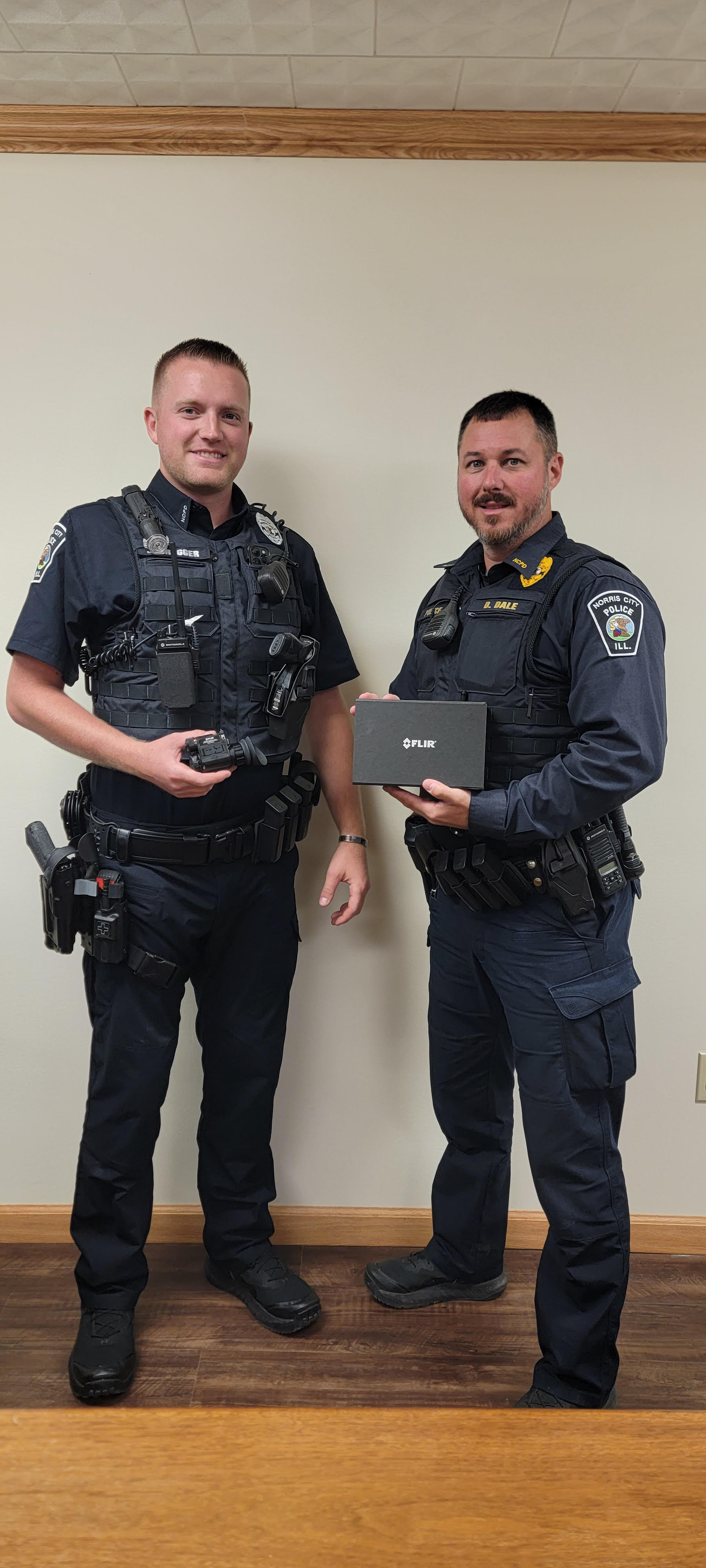 The Norris City Police Department recently received a generous donation of a FLIR (forward looking infrared) device from the United States Deputy Sheriff’s Association.  The handheld thermal imaging tool will aid officers in navigating low-light situation